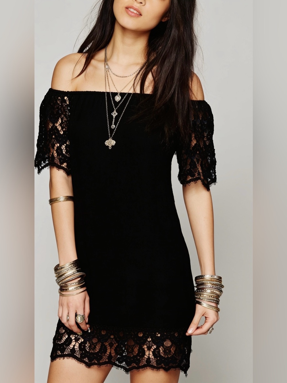 Jen’s Pirate Booty Free People *Truth* black crochet lace off shoulder dress S